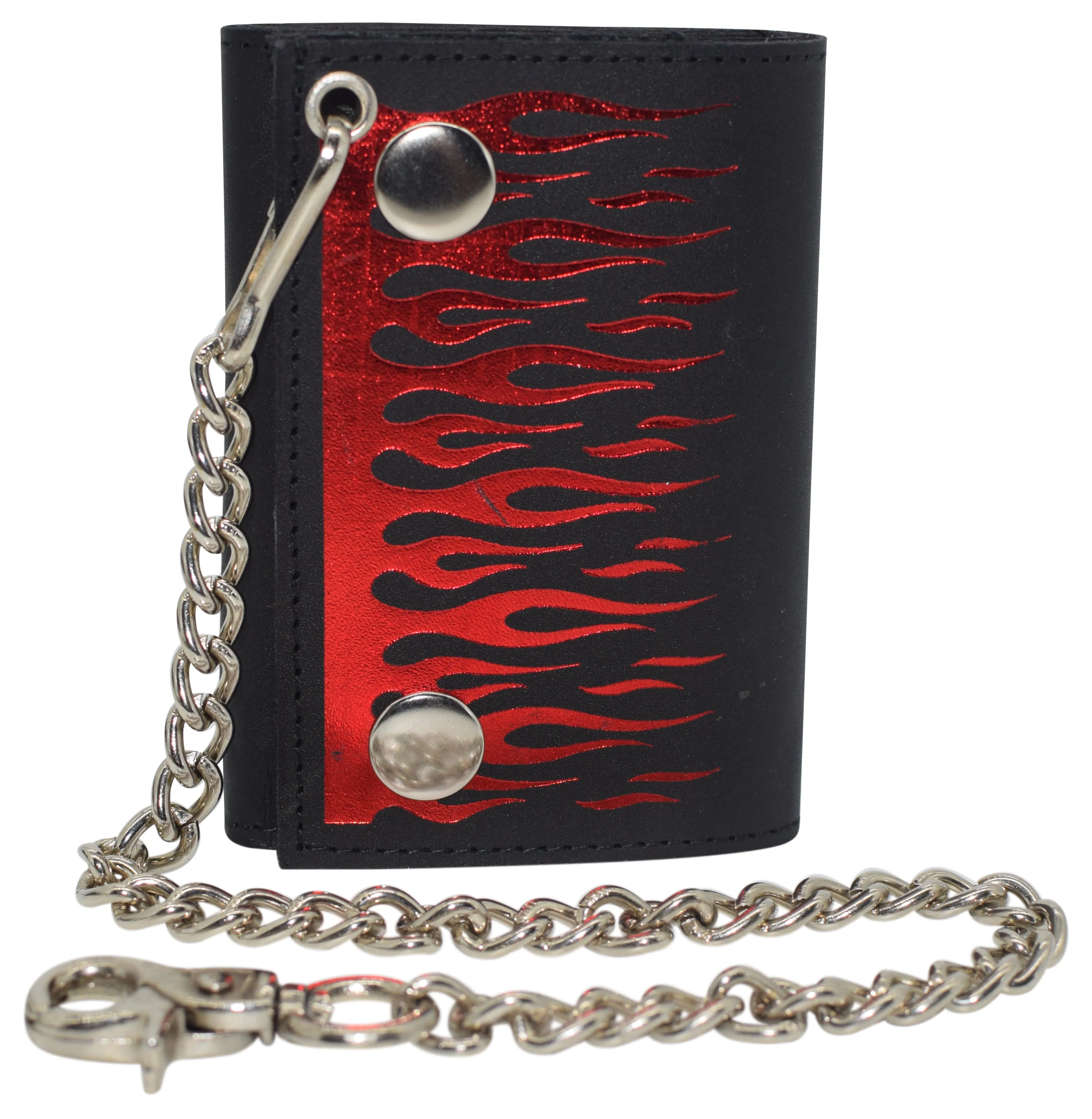 946-63 Motorcycle Men's Flames RFID Blocking Tri-Fold Genuine Leather Biker Chain Wallet, Black