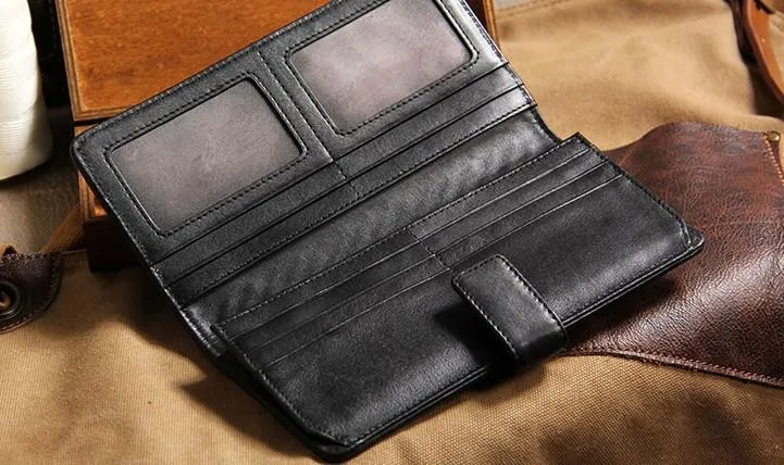 Black Braided Leather Mens Long Wallet Bifold Long Wallet for Men