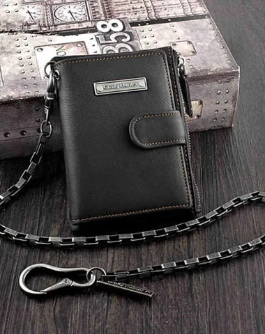 Black Leather Men's Small Biker Wallet Chain Wallet billfold Bifold Wallet with Chain Coin Purse For Men