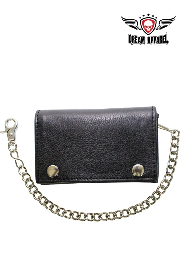 Black Naked Cowhide Leather Heavy Duty Biker Trifold Chain Wallet with Snaps