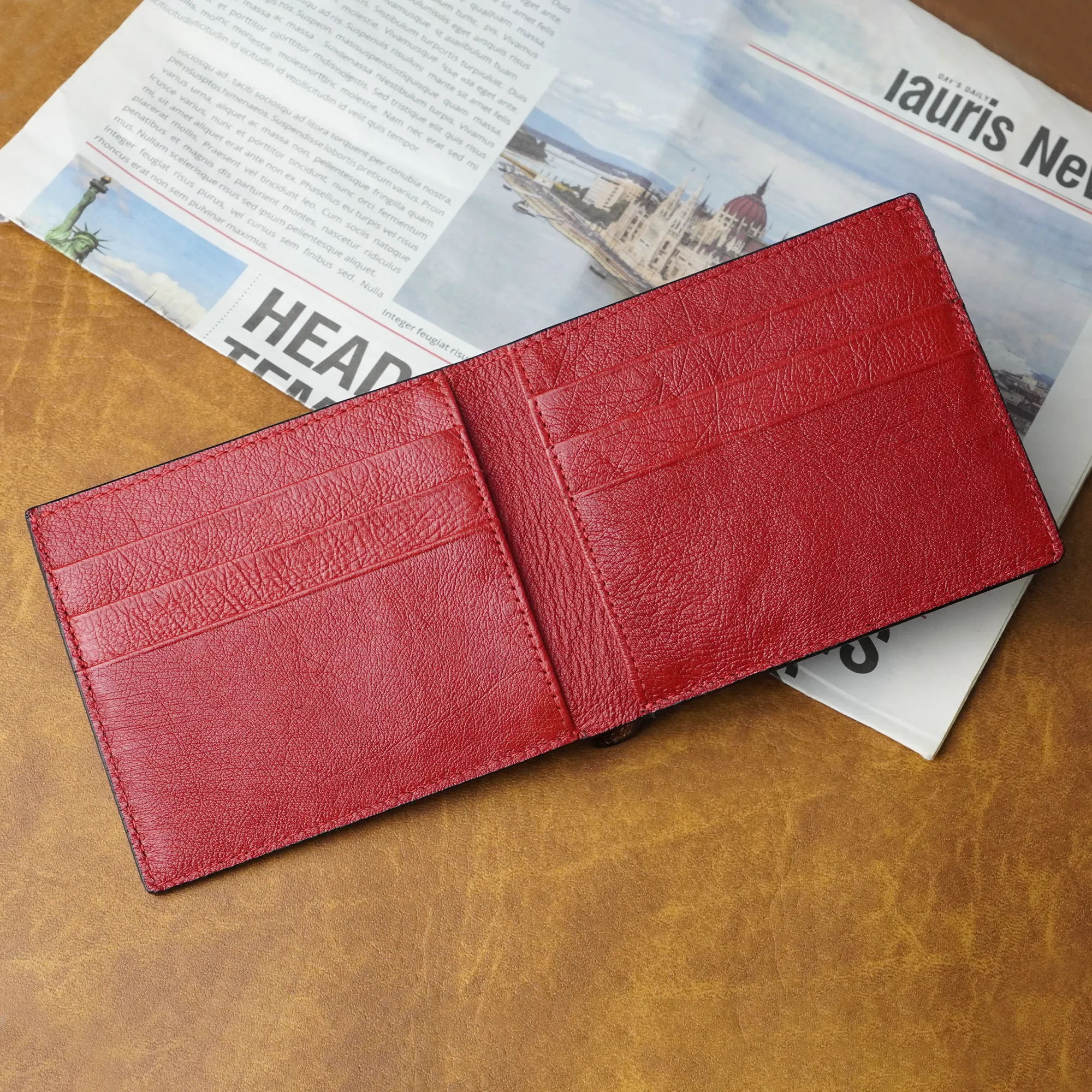 Black Red Double Side Ostrich Leather Bifold Handmade Wallet RFID Blocking | VINAMOS-17