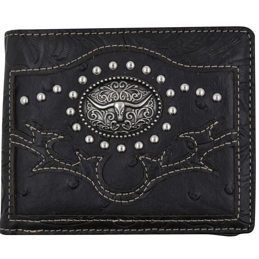 Black Western Ostrich Longhorn Design Men Bi-Fold Wallet