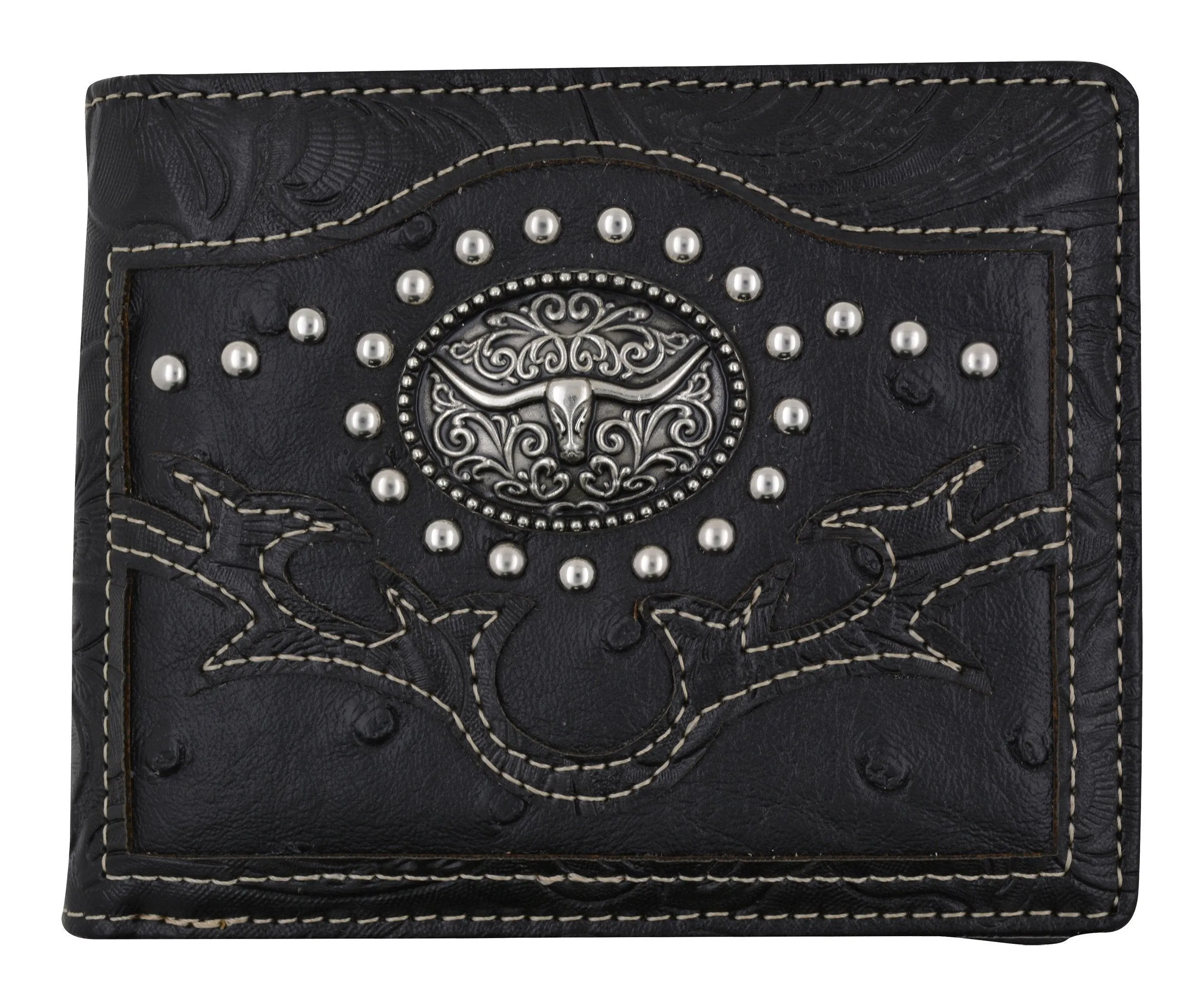 Black Western Ostrich Longhorn Design Men Bi-Fold Wallet