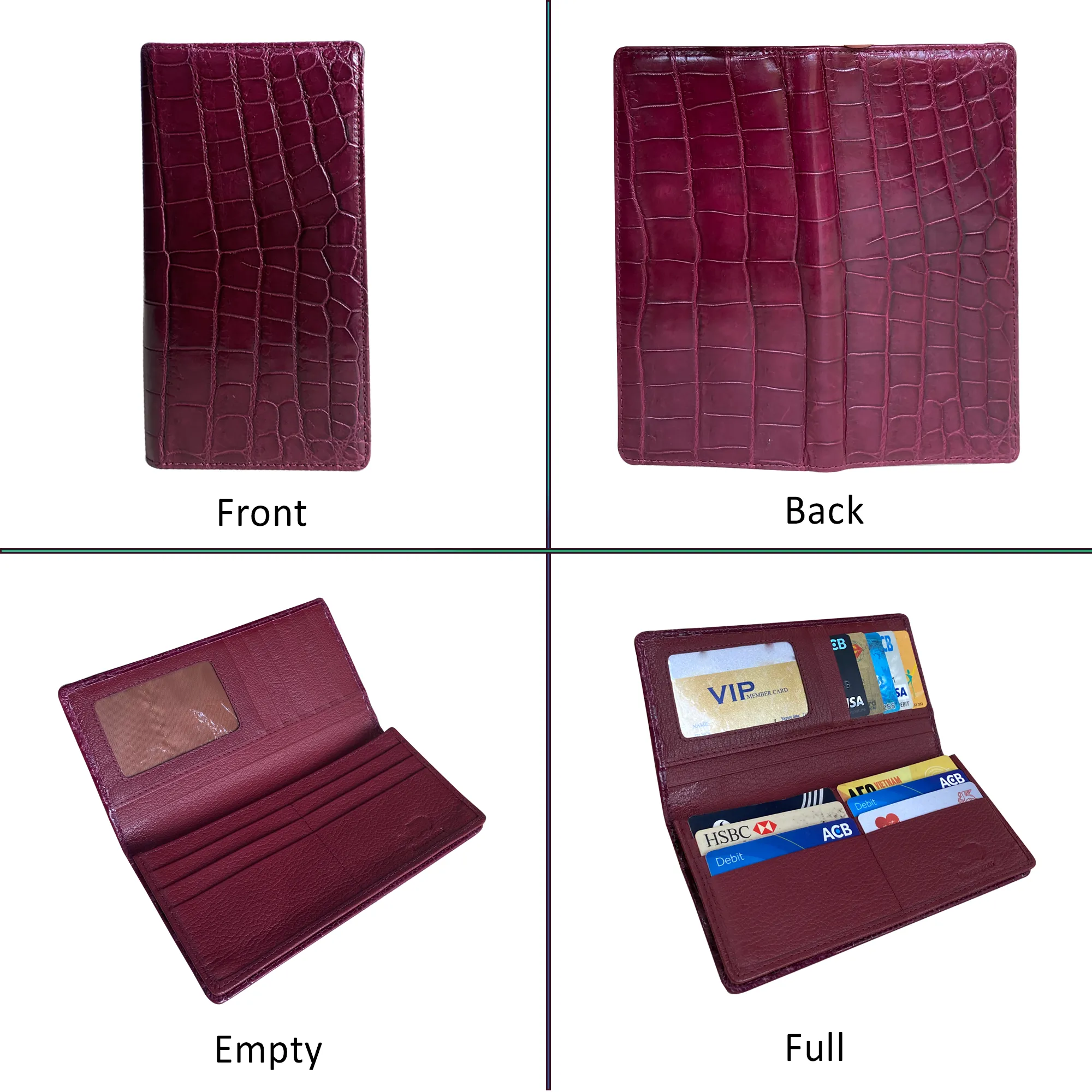 Burgundy Alligator Long Wallet For Men | Premium Crocodile Belly Leather Checkbook | RFID Blocking | LON70