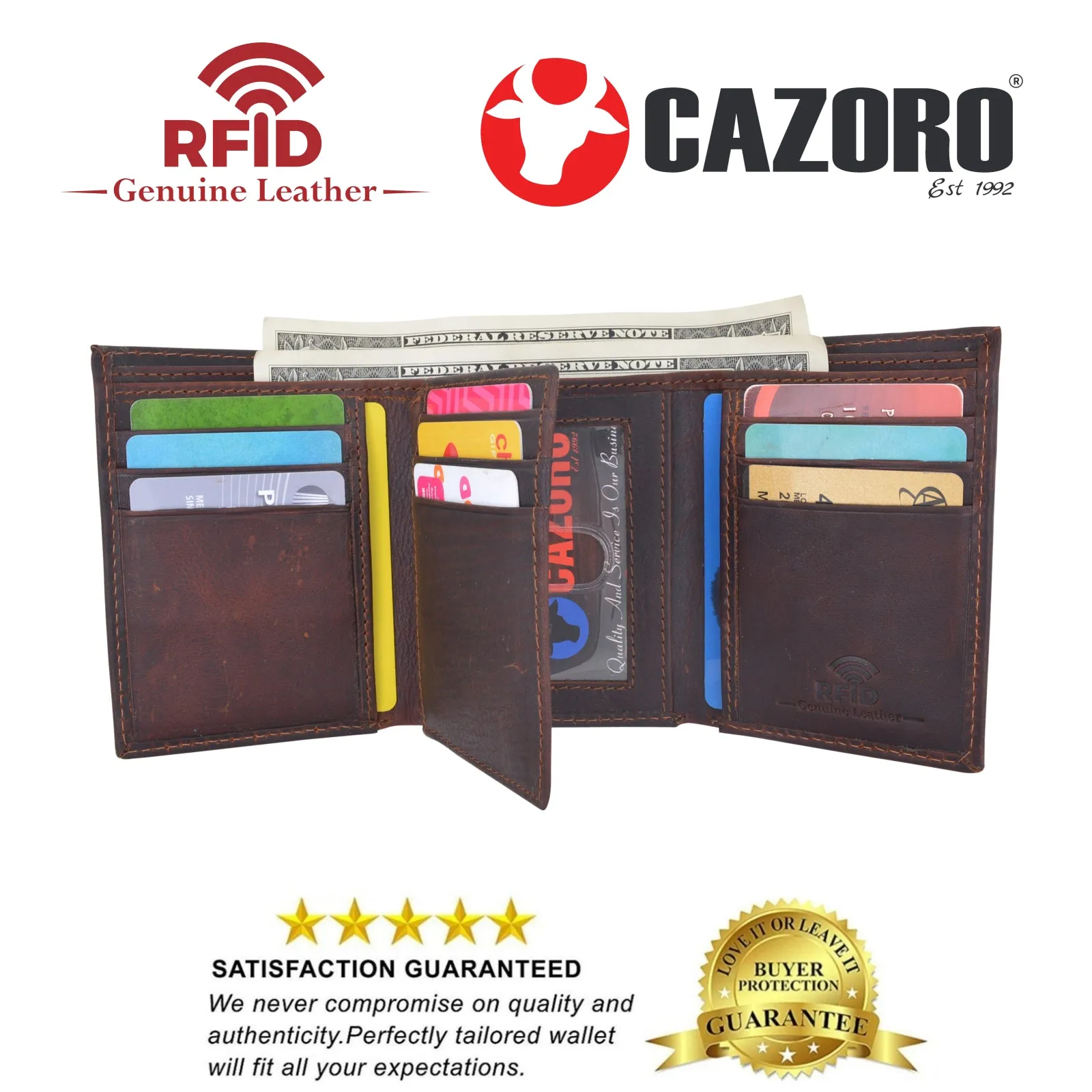 Cazoro Extra Capacity Trifold Wallet for Men RFID Blocking Genuine Leather Wallet Black Brown