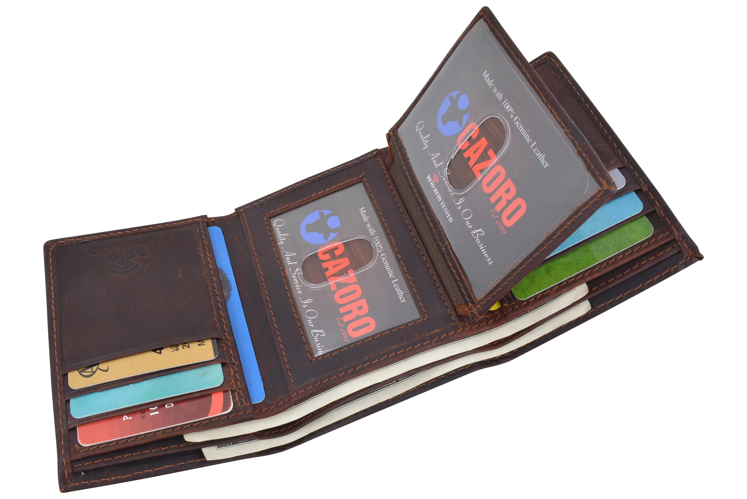 Cazoro Extra Capacity Trifold Wallet for Men RFID Blocking Genuine Leather Wallet Black Brown