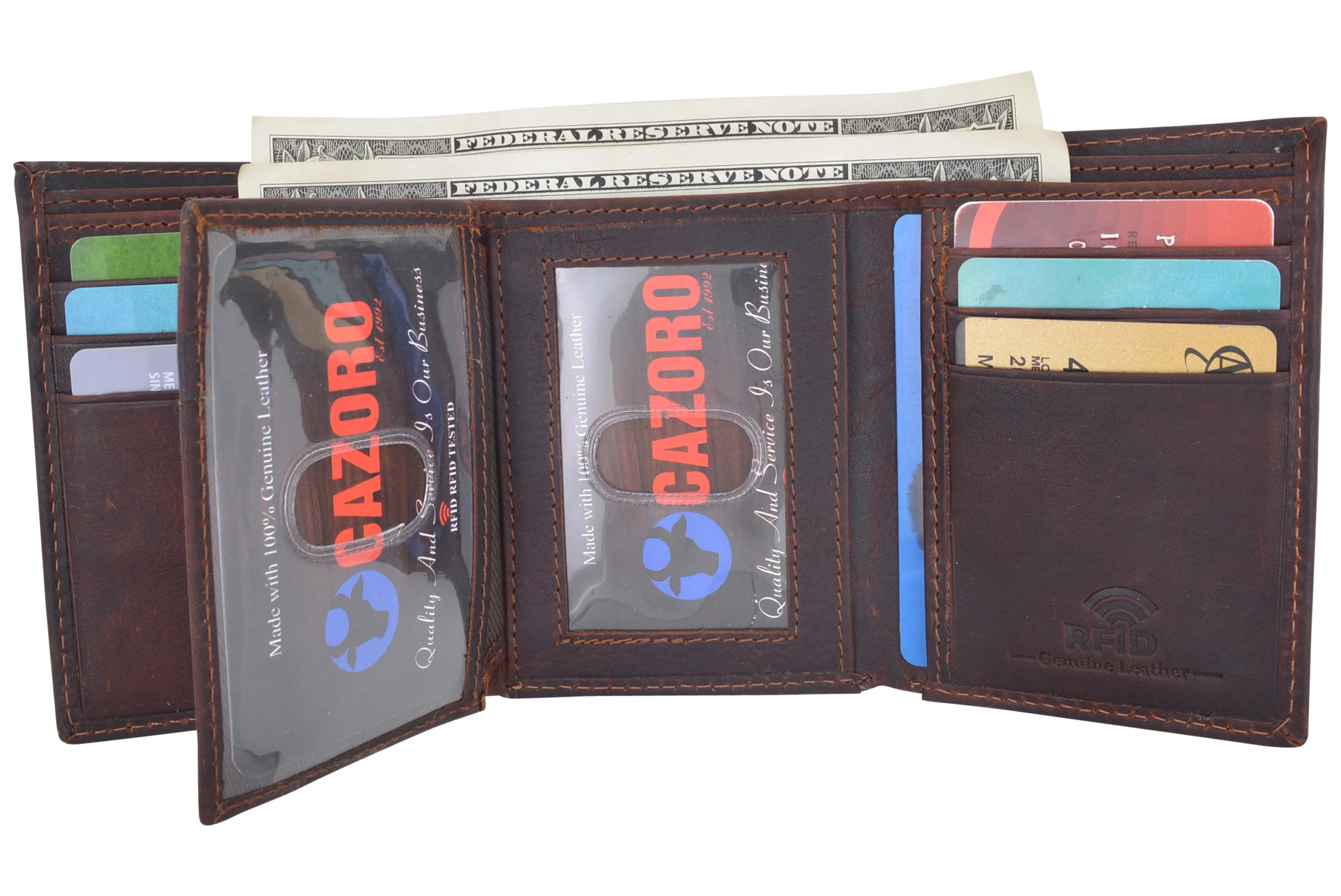 Cazoro Extra Capacity Trifold Wallet for Men RFID Blocking Genuine Leather Wallet Black Brown