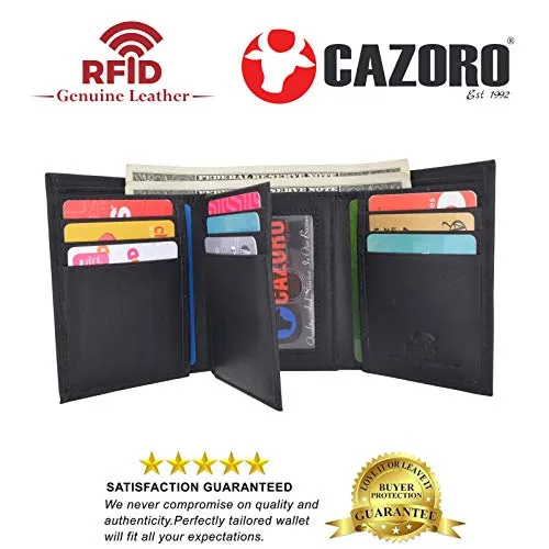 Cazoro Extra Capacity Trifold Wallet for Men RFID Blocking Genuine Leather Wallet Black Brown