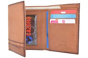 Cazoro Genuine Leather Mens RFID Blocking Slim Trifold Wallet 8 Cards 1 ID Window 2 Bill Pockets