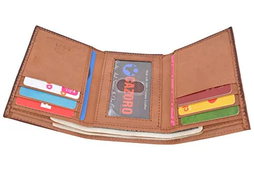 Cazoro Genuine Leather Mens RFID Blocking Slim Trifold Wallet 8 Cards 1 ID Window 2 Bill Pockets