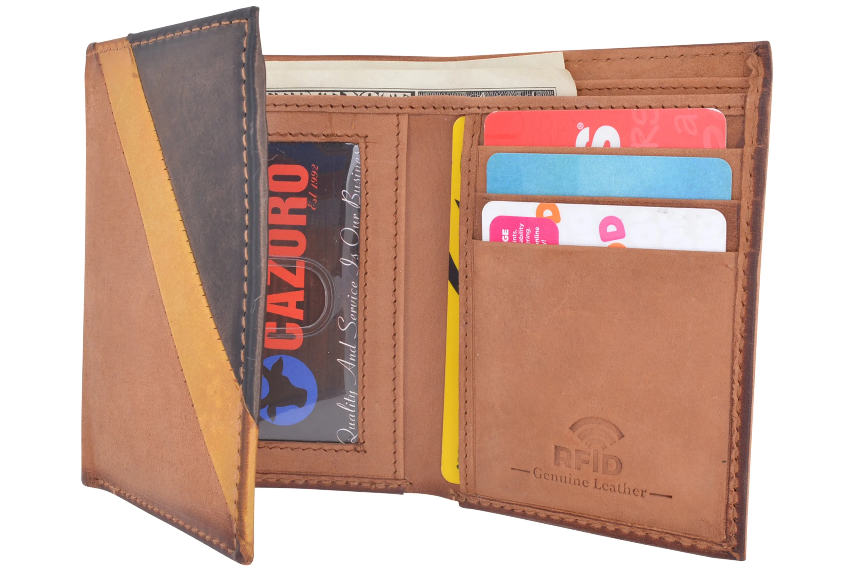 CAZORO Genuine Leather Trifold Wallets For Men RFID Blocking Mens Slim Trifold Wallet With ID Window