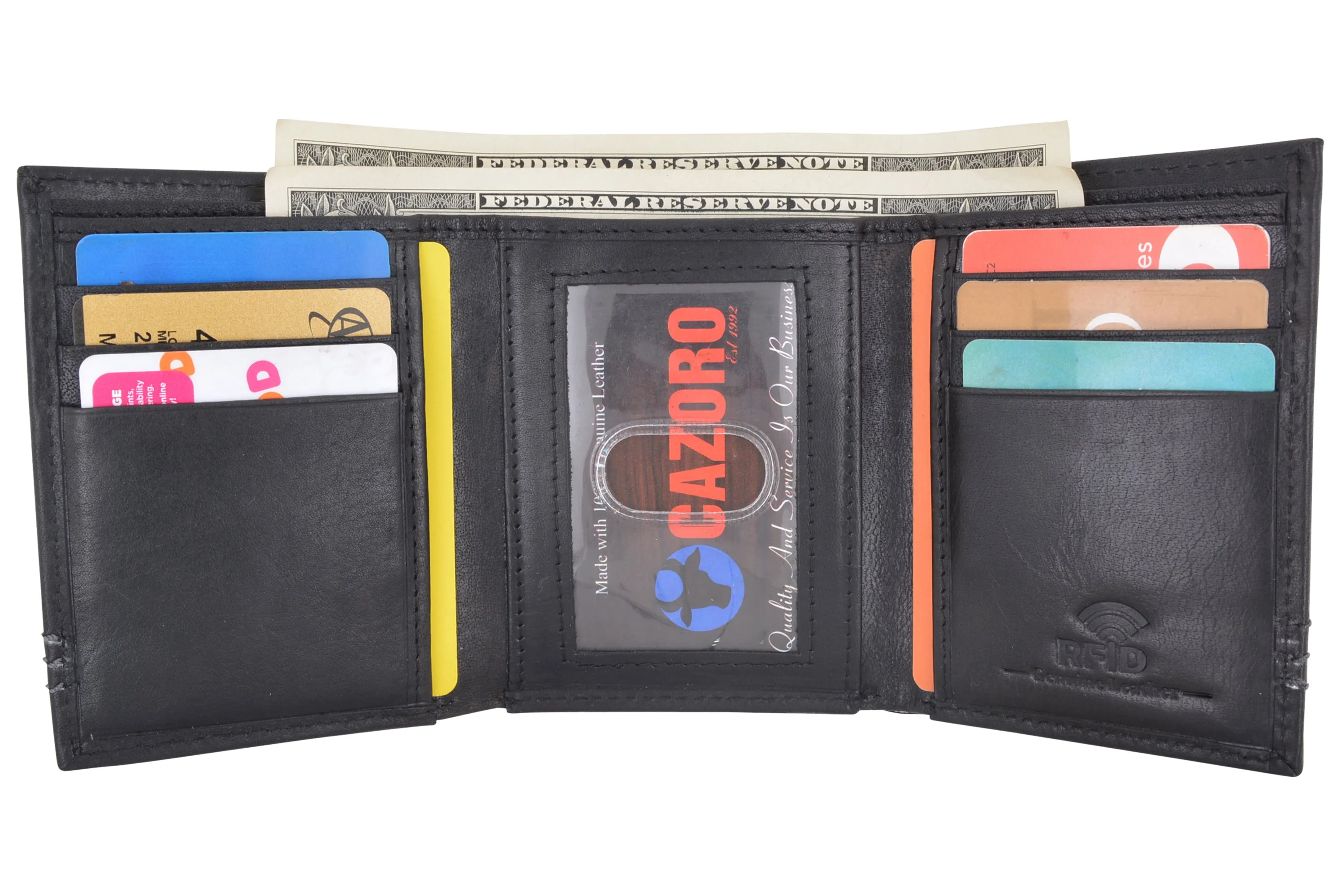 CAZORO Genuine Leather Trifold Wallets For Men RFID Blocking Mens Slim Trifold Wallet With ID Window