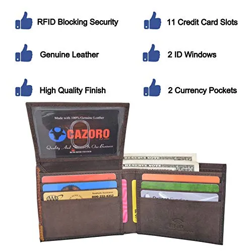 Cazoro RFID Blocking Bifold Wallet Passcase Genuine Leather and Flip Up ID Mens Wallets