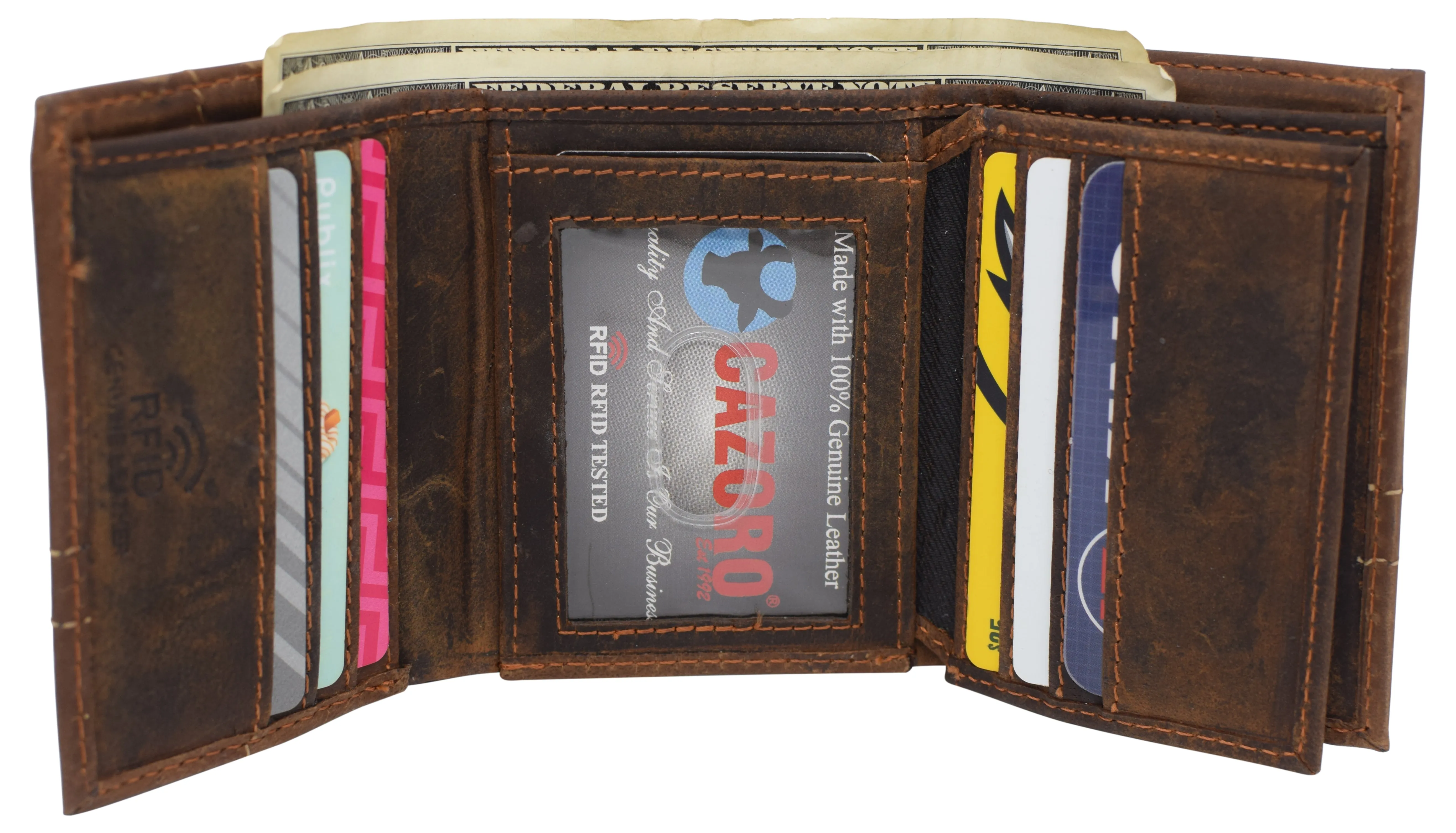 CAZORO RFID Distressed Leather Men's Classic Trifold Wallet for Men with Box RFID611107HTC