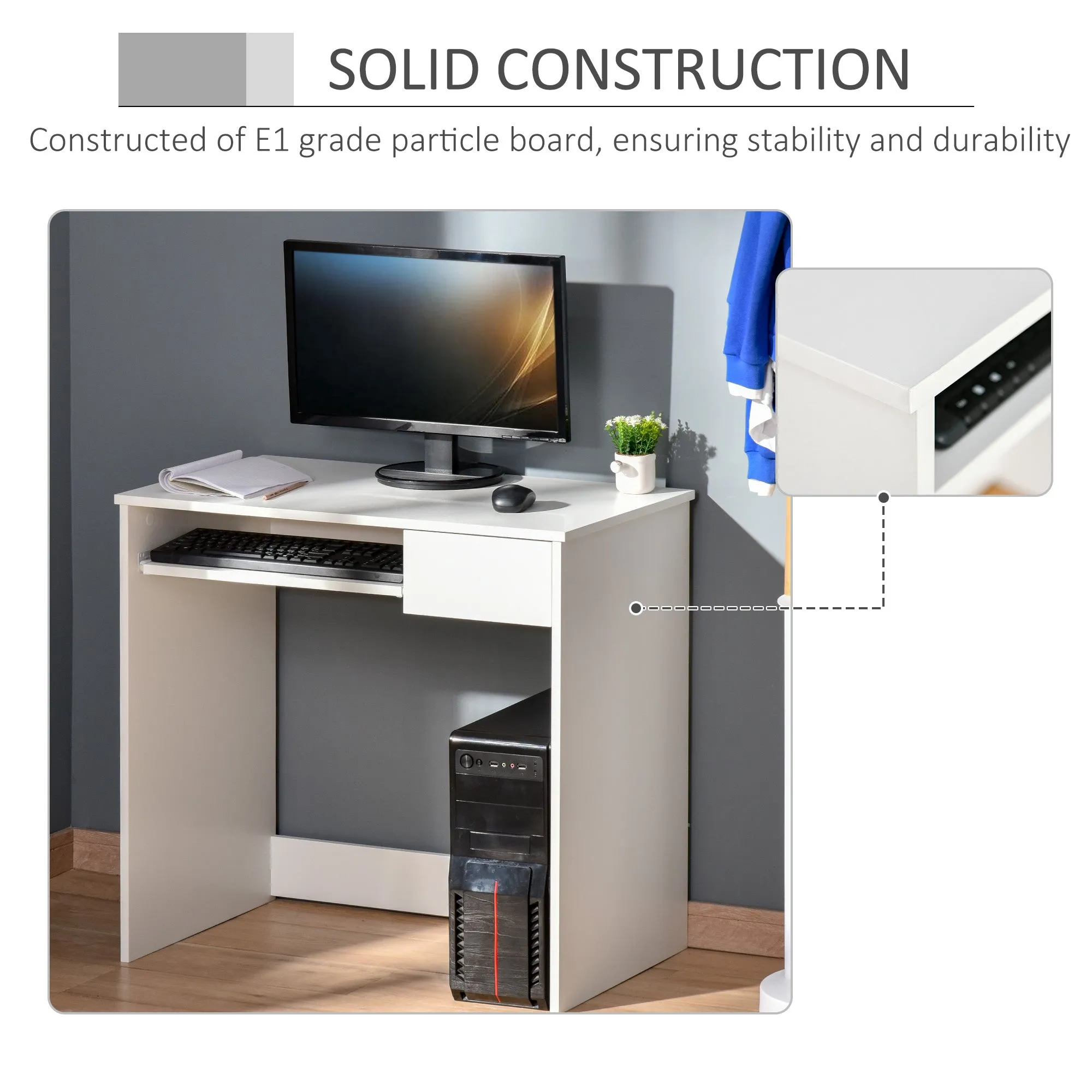 Compact Small Computer PC Table with Keyboard Tray Drawer Study Office Working Gaming  Writing Desk, White