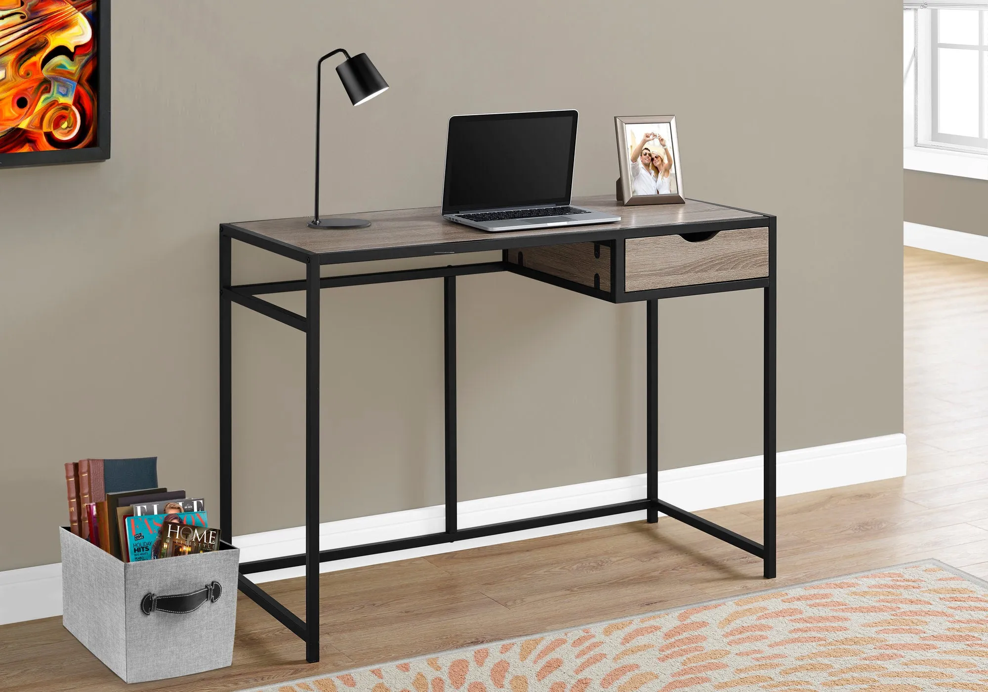 Computer Desk, Home Office, Laptop, Storage Drawer, 42"l, Work, Brown Laminate, Black Metal, Contemporary, Modern