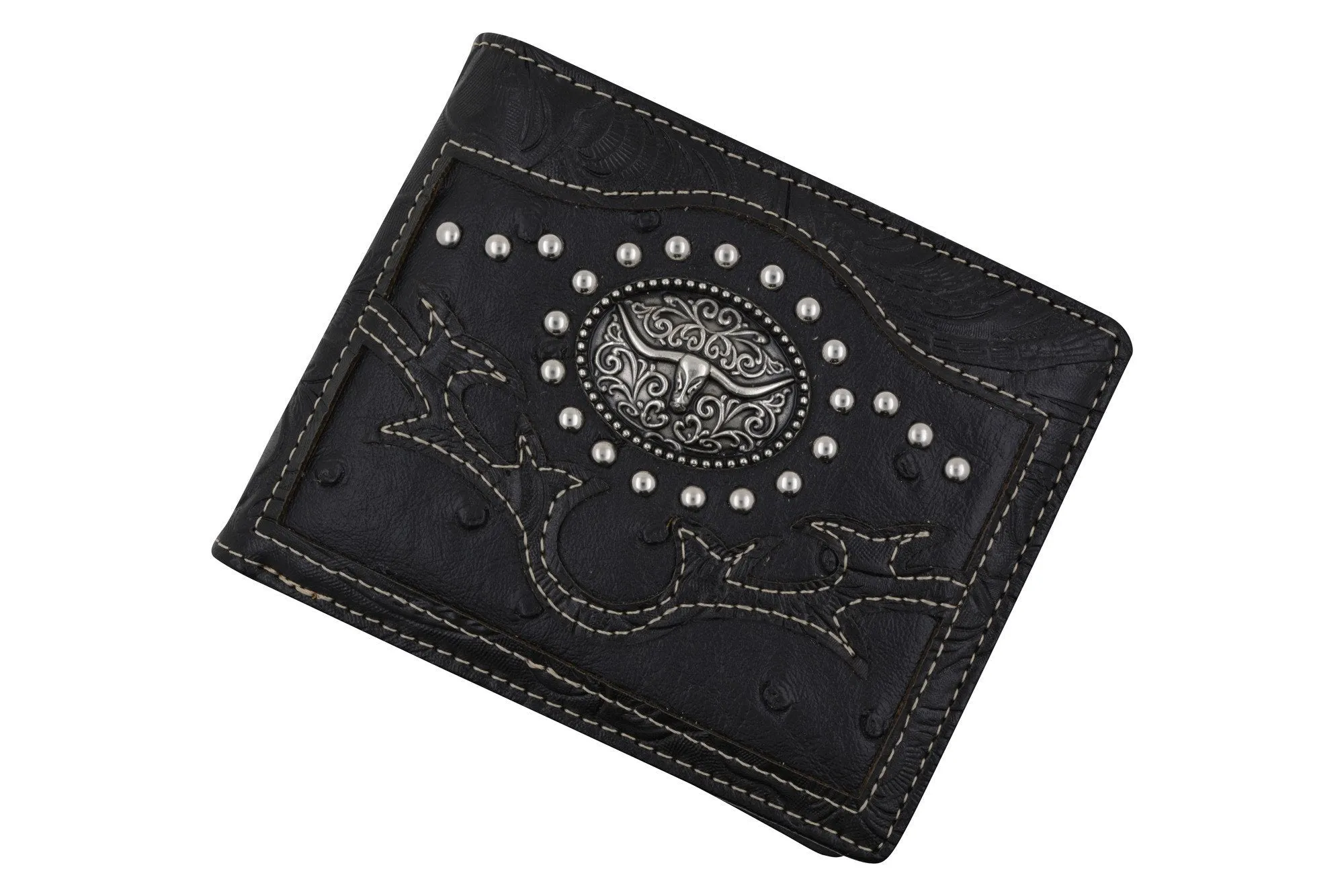 Cowboy Longhorn Design Mens Wallet Western Bifold Style Black W070-14-BK (C)