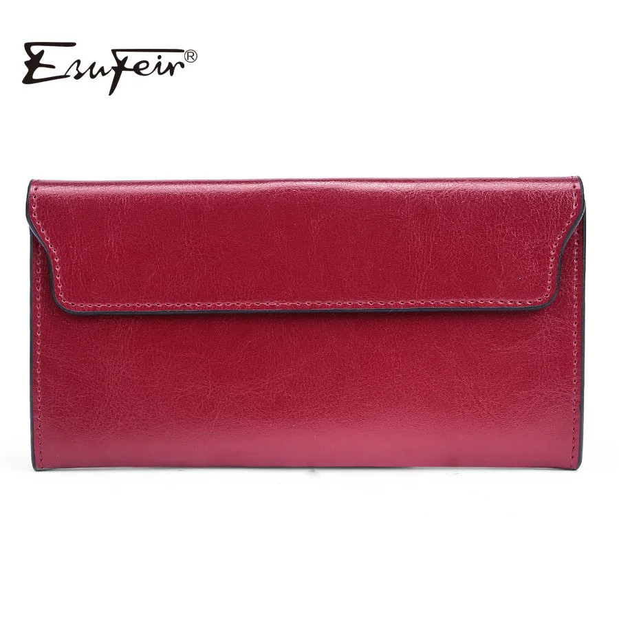 ESUFEIR 2017 Genuine Leather Women Wallet Long Purse Vintage Solid Cowhide multiple Cards Holder Clutch Fashion Standard Wallet