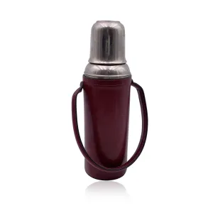 Franzi Vintage Burgundy Leather Silver Metal Thermos Vacuum Flask