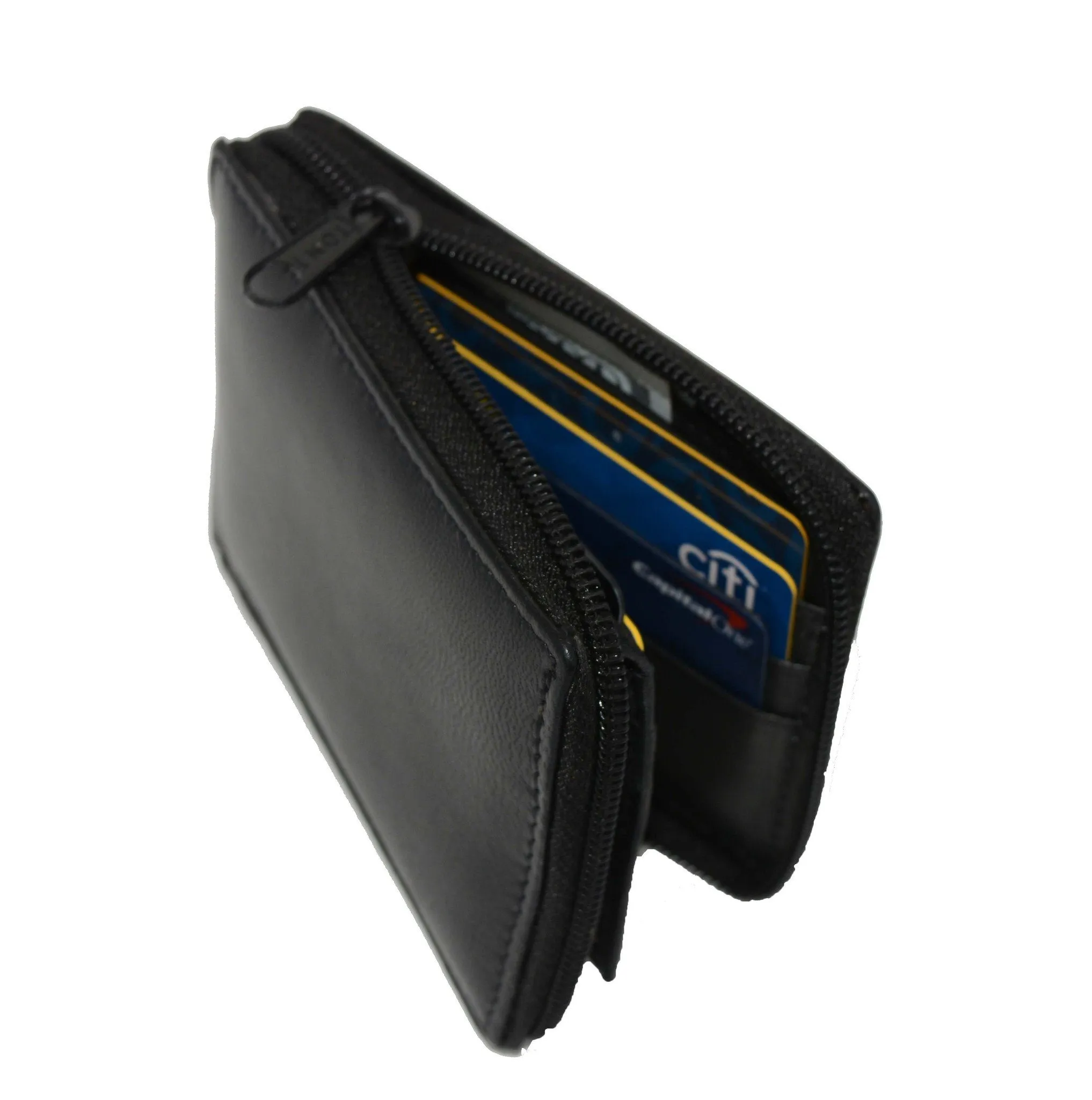 Genuine Leather Bifold Wallet Zippered - Black