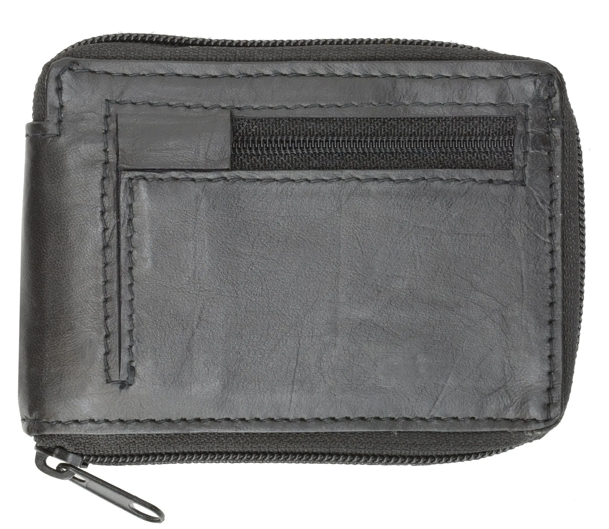 Genuine Leather Bifold Wallet Zippered - Black