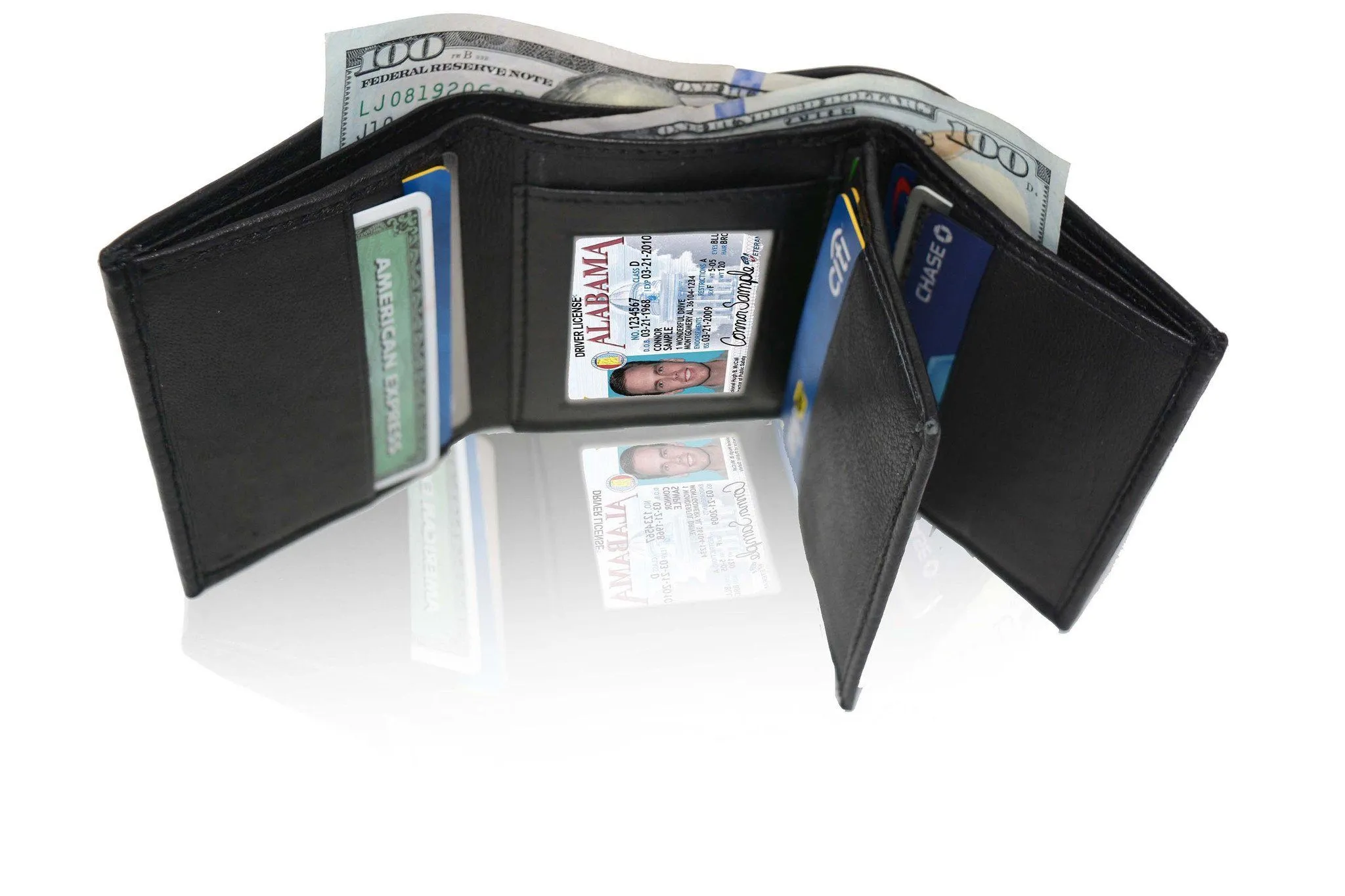 Genuine Soft Leather Tri-fold Wallet For Men - Black