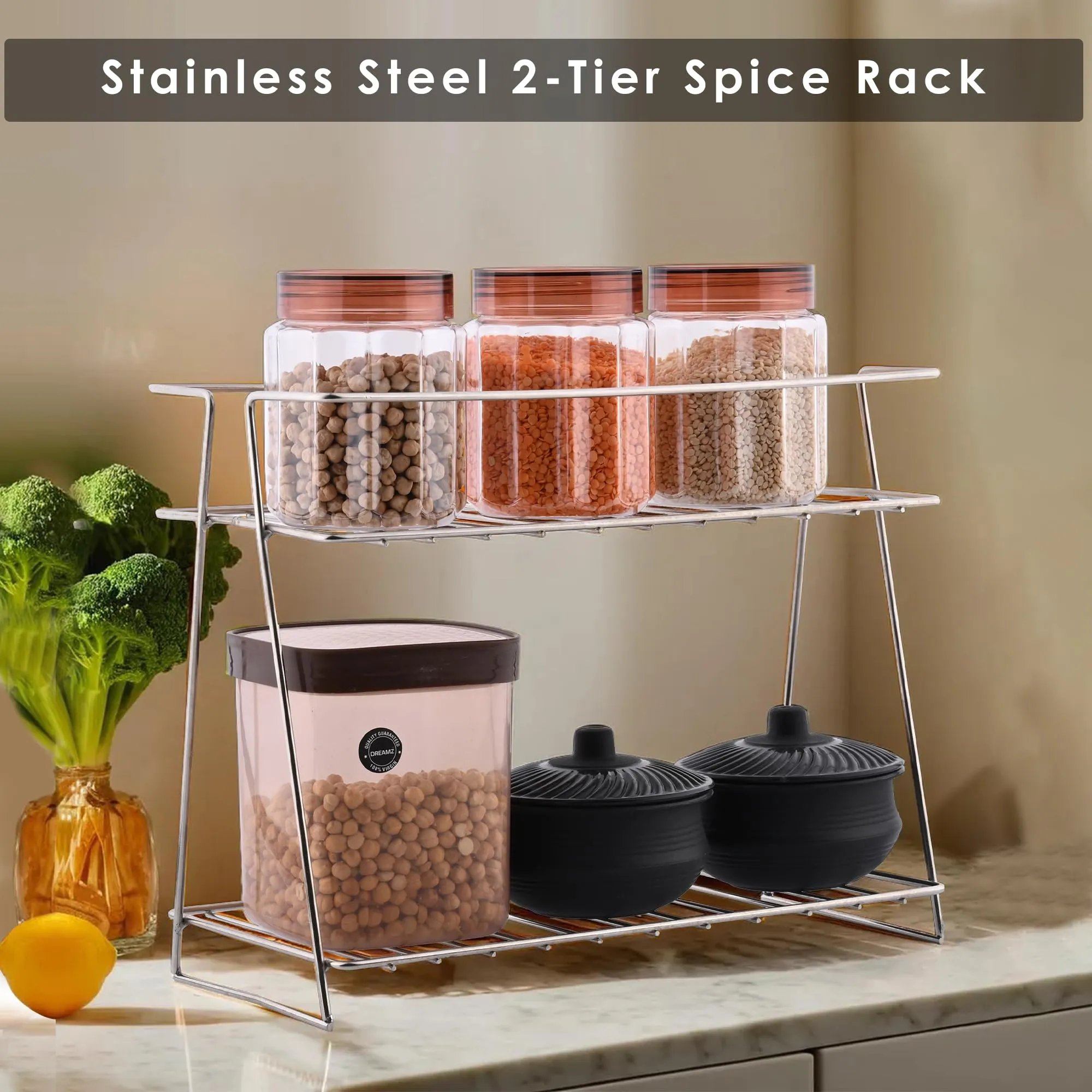 Kuber Industries (Set of 5) Multipurpose Counter Top Spice Rack Trolley Organizer 2-Layer Stainless Steel Corner Stand for Kitchen | Silver