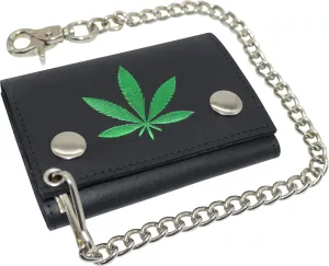 Marijuana Leaf Men's Tri-fold Biker Cowhide Leather RFID Blocking Steel Chain Wallet Snap closure