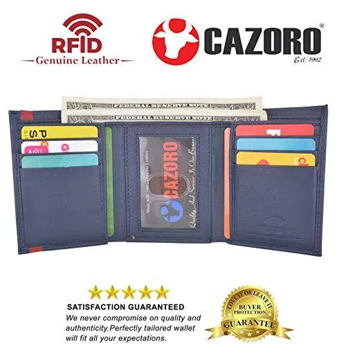 Men's Soft Premium Leather RFID Trifold Wallet Sleek & Slim ID Window Credit Card Holder Navy Blue RFID611289