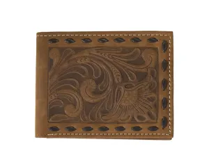 Nocona Brown Floral Embossed Men's Bifold Wallet with Chocolate Buck Lacing