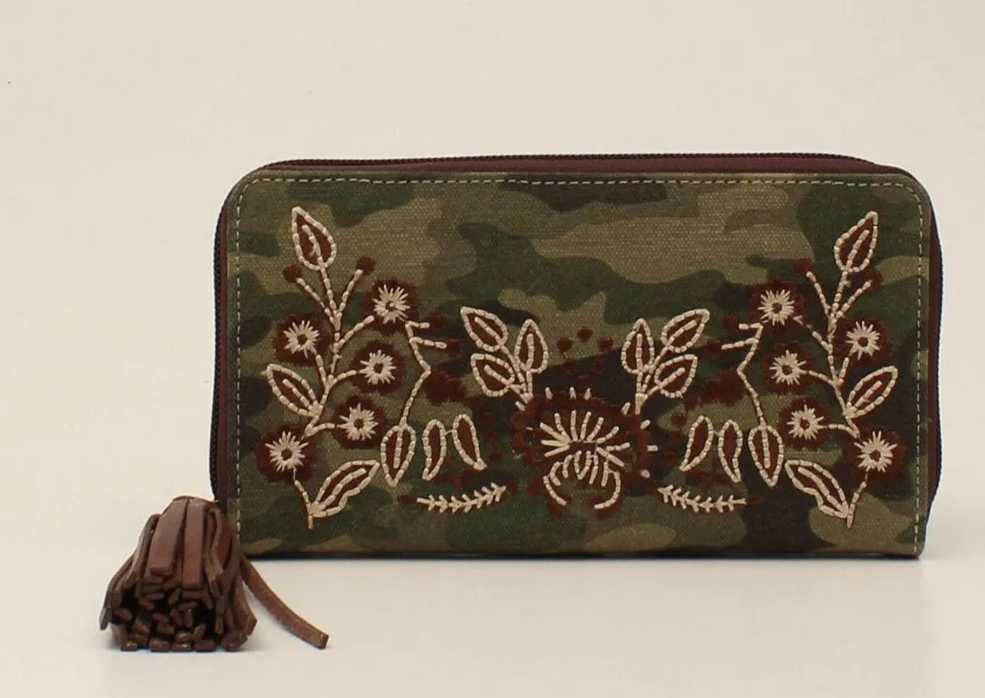 Nocona Ladies Canvas Camo Pattern Clutch Wallet with Brown Embroidered Flowers