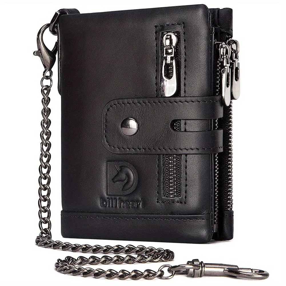 Premium Genuine Leather Mens RFID Blocking Chain Wallet - Stylish & Secure with Double Zipper Coin Pocket, Anti-Theft Design, Multiple Card Slots - The Perfect Thoughtful Gift for Him