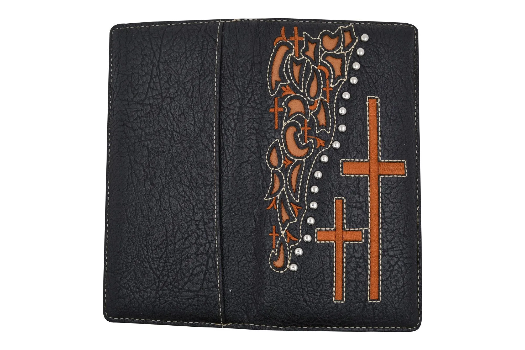 PU Leather Western Men Checkbook Credit Card Wallet Floral Cross Design Texas Style W056-BK-BR (C)