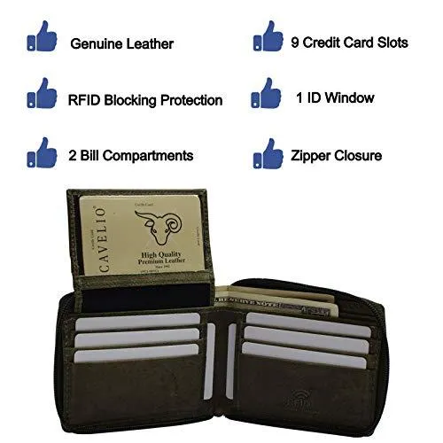 RFID Blocking Men's Zipper Genuine Leather Zip-Around ID Bifold Wallet USA Series RFID1256HU