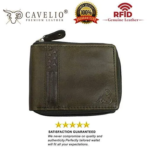 RFID Blocking Men's Zipper Genuine Leather Zip-Around ID Bifold Wallet USA Series RFID1256HU