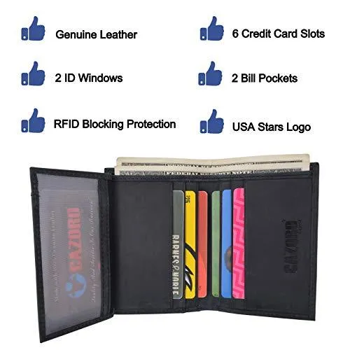 RFID Protected Mens Leather Wallet Bifold 2 ID Windows Double Bill Sections USA Stars & Stripes RFID61139HU