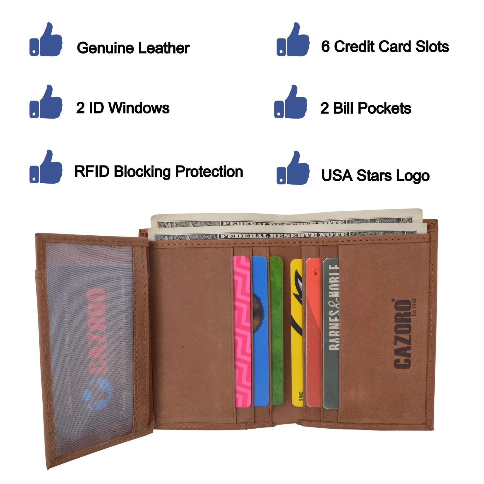 RFID Protected Mens Leather Wallet Bifold 2 ID Windows Double Bill Sections USA Stars & Stripes RFID61139HU