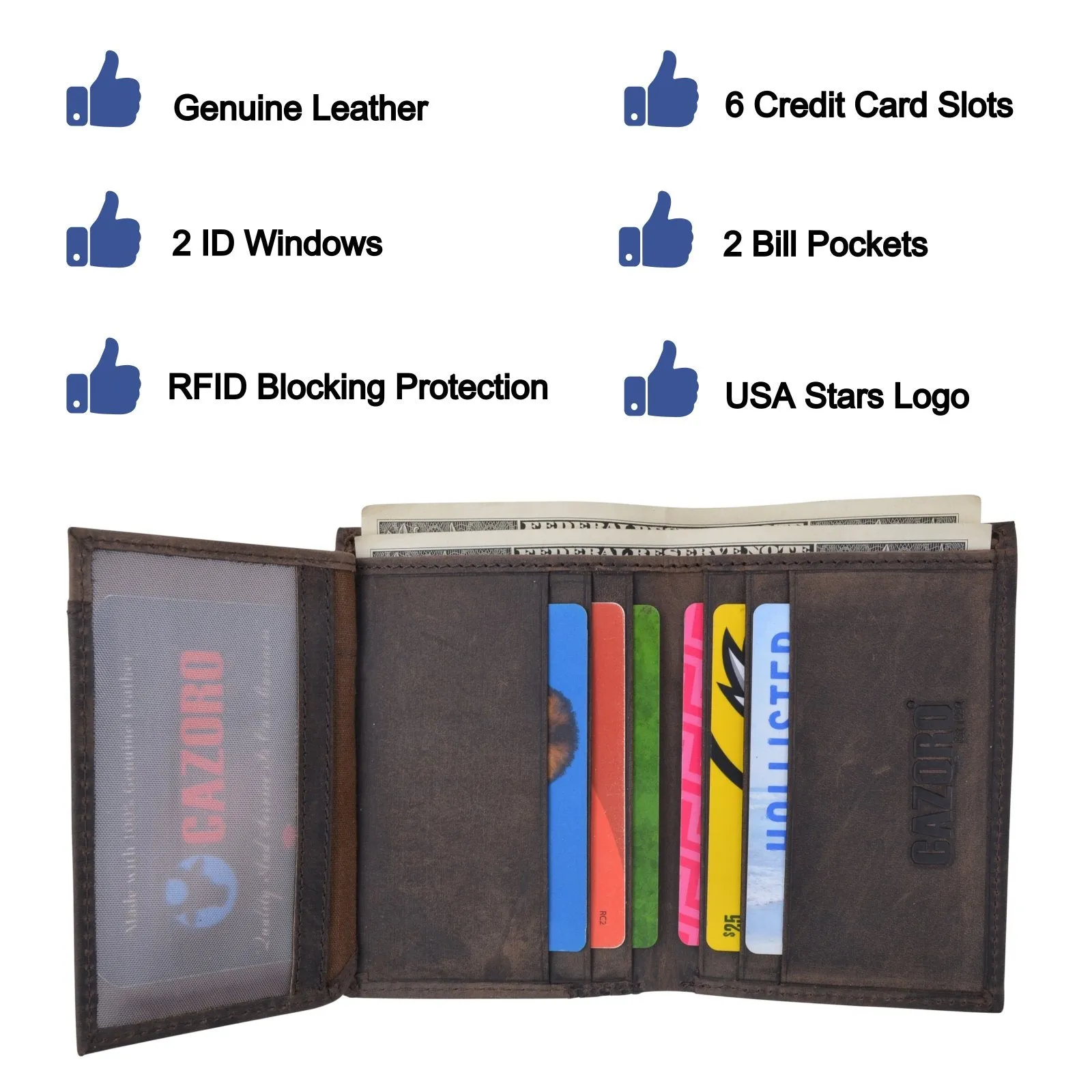 RFID Protected Mens Leather Wallet Bifold 2 ID Windows Double Bill Sections USA Stars & Stripes RFID61139HU