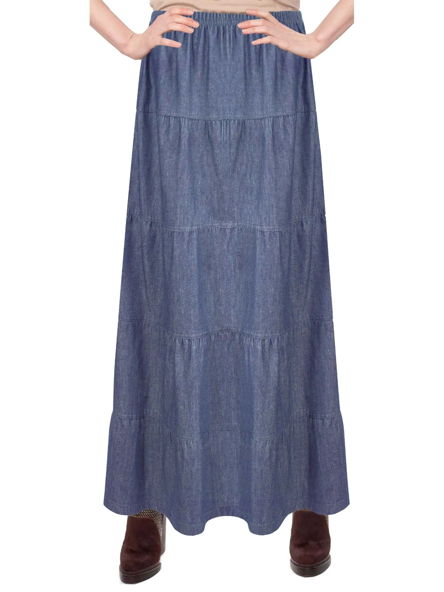 Women's Ankle Length Tiered Long Denim Prairie Skirt